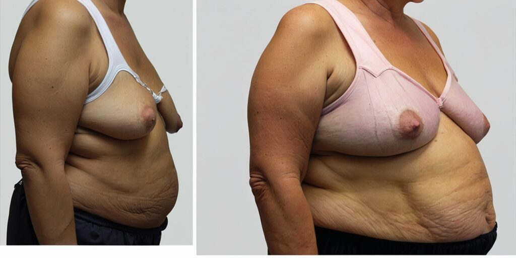 Image avant/après d'un patient avec un excès de peau important après une sleeve gastrique, montrant l'impact visuel du relâchement cutané.