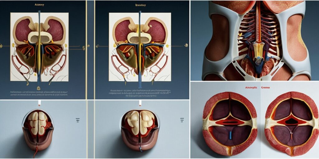 Schéma illustrant les différentes phases d'une opération du ventre avec des légendes explicatives. Les différentes techniques (abdominoplastie, liposuccion) sont présentées avec des schémas simplifiés.