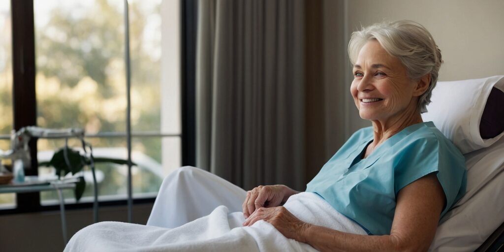 Une patiente souriante en train de choisir ses vêtements confortables pour sa récupération post-opératoire.